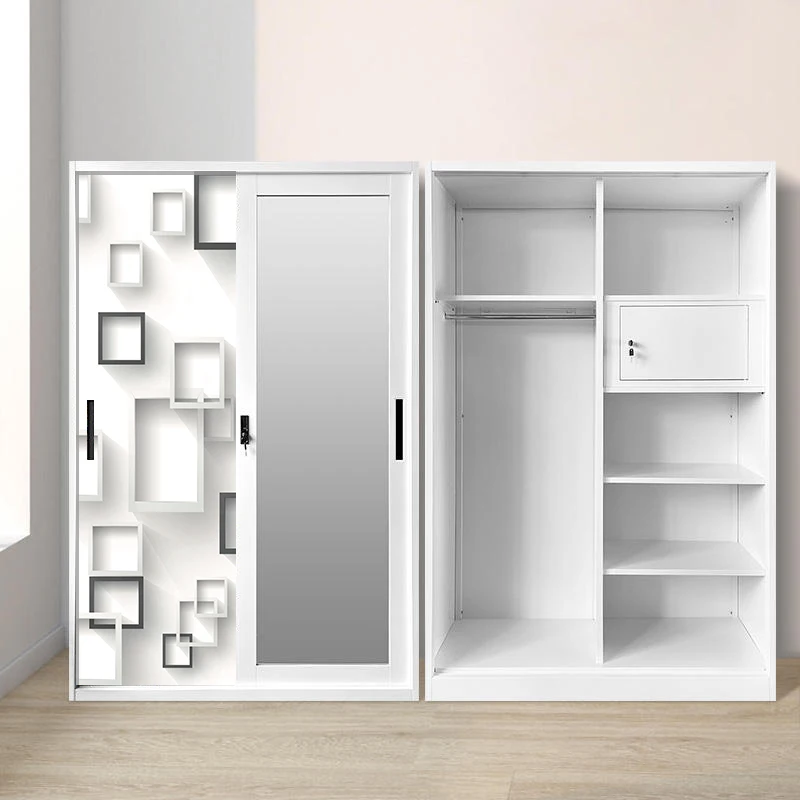 Steel Sliding Wardrobe with Full-Length Mirror and Patterned Door Panels