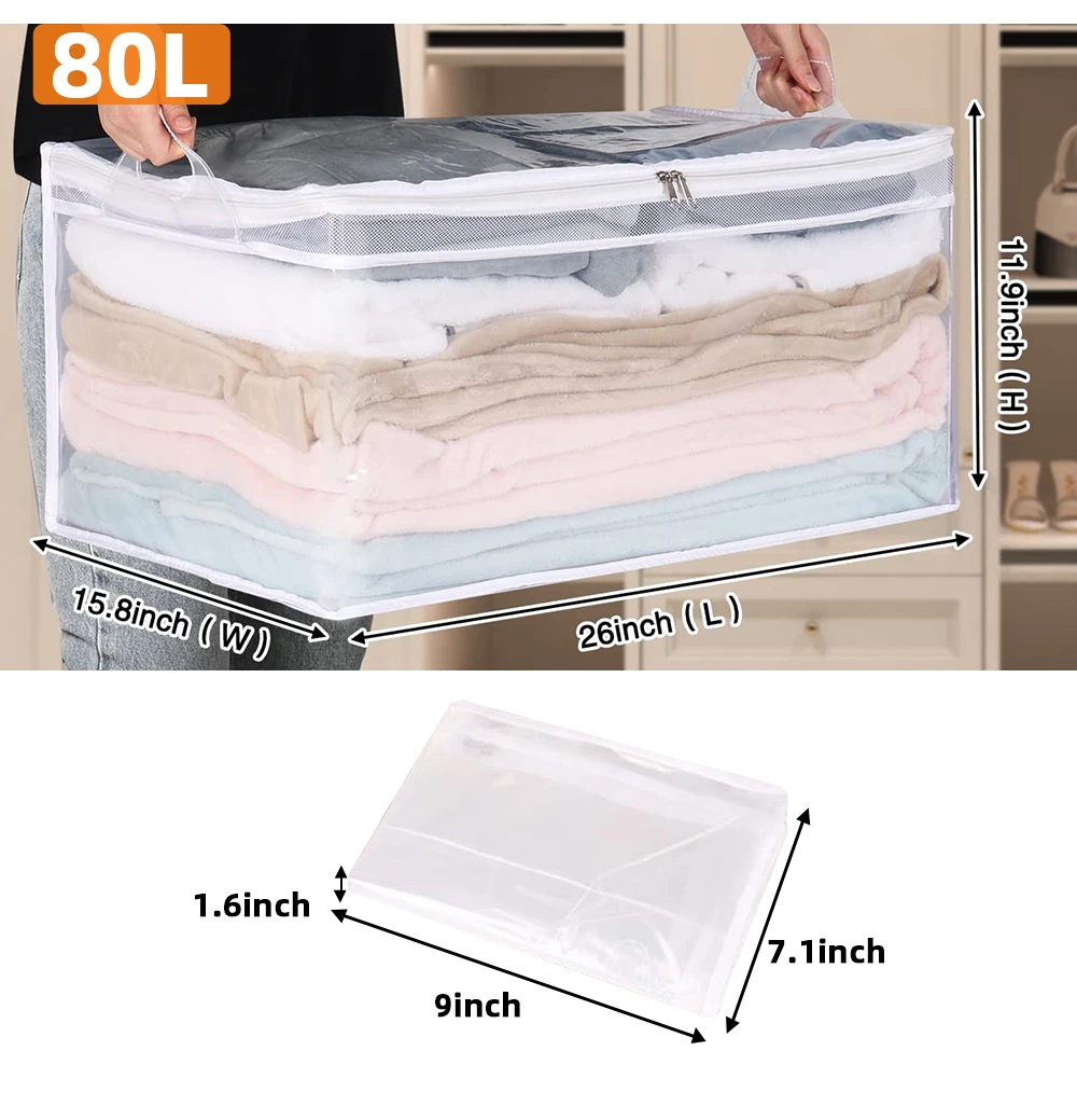 Durable 60l Clear Plastic Zippered Storage Bags For Blanket Clothes ...