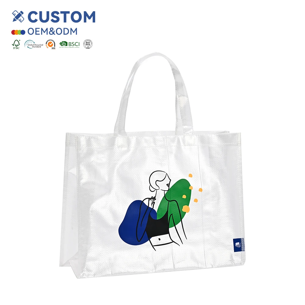 Custom Recycled PP Woven Shopping Tote Bag Eco-Friendly Reusable Grocery Bag Waterproof Durable Logo Laminated Screen Pattern