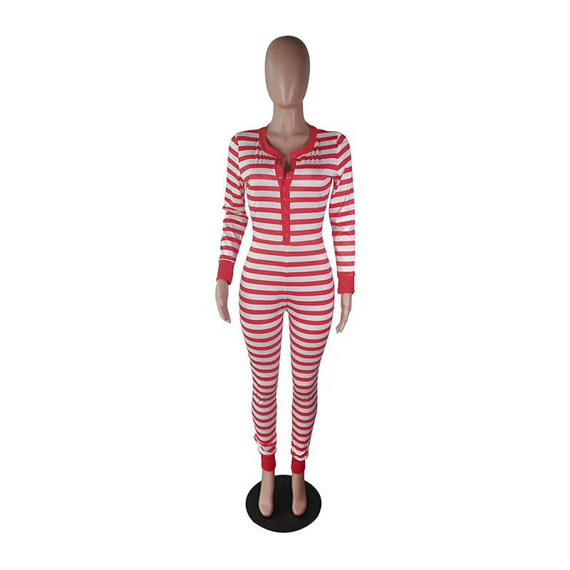 Custom Winter Adult Sexy Pajama Jumpsuit Long Sleeves Striped Holiday