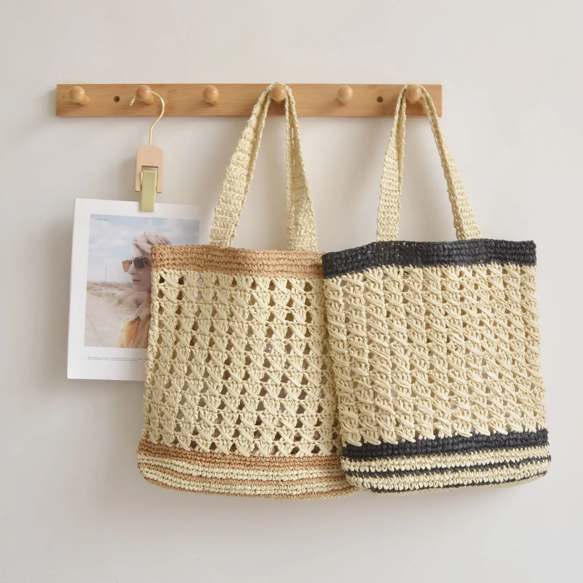 Wholesale Bohemian Striped Paper Straw Bags Eco-Friendly Tote Bags