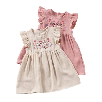Hot Sale 2025 Summer Girls Baby Dresses Casual Sweet Dress Flying Sleeves Versatile Simple Girls Skirt for Children All Ages