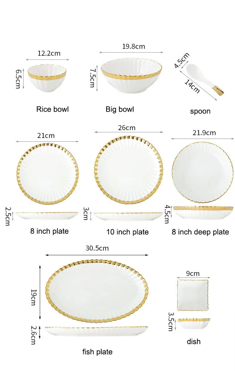 High-end Kitchen Tableware Ceramic Bowl Plates Sets Nordic White Gold ...