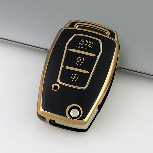 TPU Gold Edge Car Key Flip Case ,3-button Key Shell Fob Protector, Soft Car Key Bag Cover Fit for Ssangyong