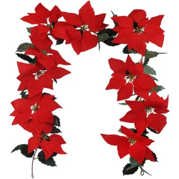 Artificial Red Poinsettia Flower Garland with Holly Leaves for Christmas Tree Xmas Party Holiday Front Door Wreath Decoration