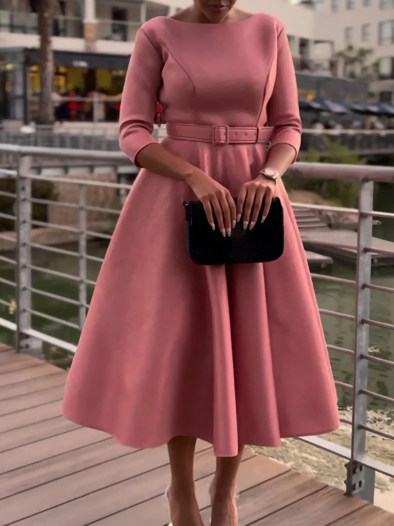 ZHEZHE Fashion Plus Size Women's Clothing Lady Elegant Casual Luxury Round Neck Medium Sleeve Dresses