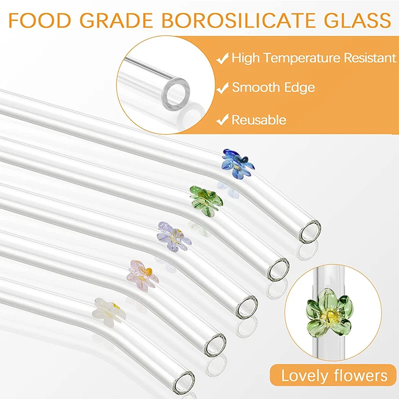 Прозрачная многоразовая Изогнутая Стеклянная соломинка для питья с красочным цветочным дизайном и чистящей щеткой