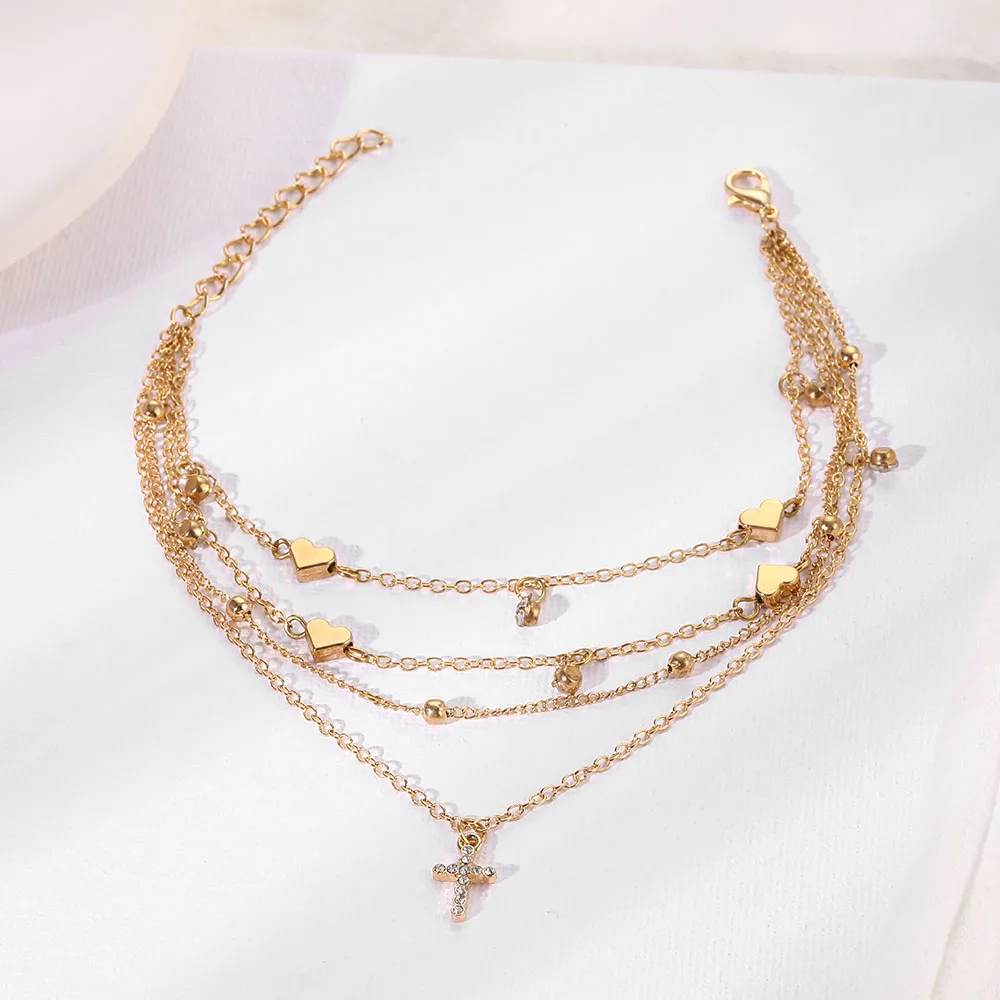 VKME Bohemia Newest Gold Multilayer Chain Anklets for Women Beach Barefoot Butterfly Cross Pendant Charm Anklets Jewelry
