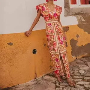 2025 Summer Split Sexy Butterfly Sleeve V Neck Female Backless Print Dress Vintage Ruffles Ladies Beach Robe Women Long Dresses