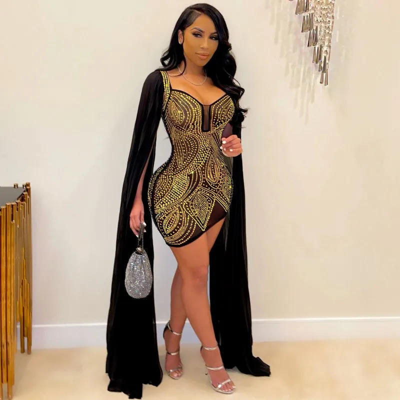 Beautiful Flare Cape Sleeve Crystal Mesh Dress Plus Size See Through Sequin  Bodycon Party Club Dresses Birthday Outfits C14136