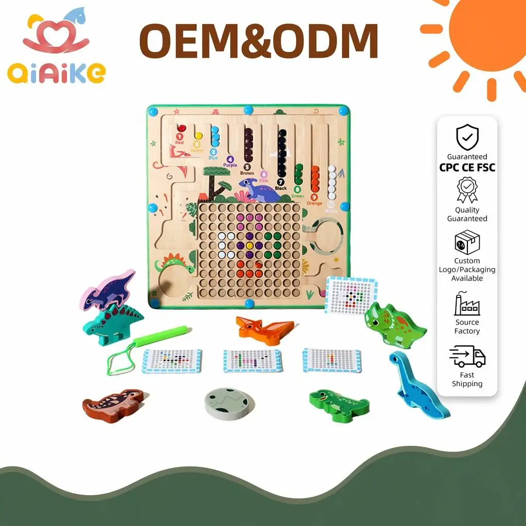 Labirinto con perline su due facce a tema dinosauri in legno, tavola da gioco da tavolo con 20 carte di modelli, giocattoli Montessori per lo sviluppo della motricità fine