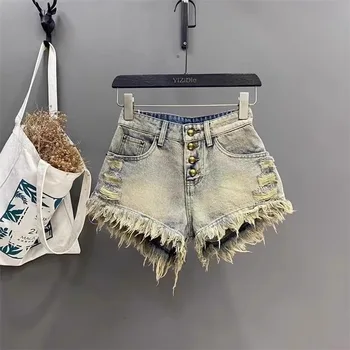 American retro made old ripped heavy industry fringe fringe A-line short shorts Hottie bag butt single breasted denim shorts