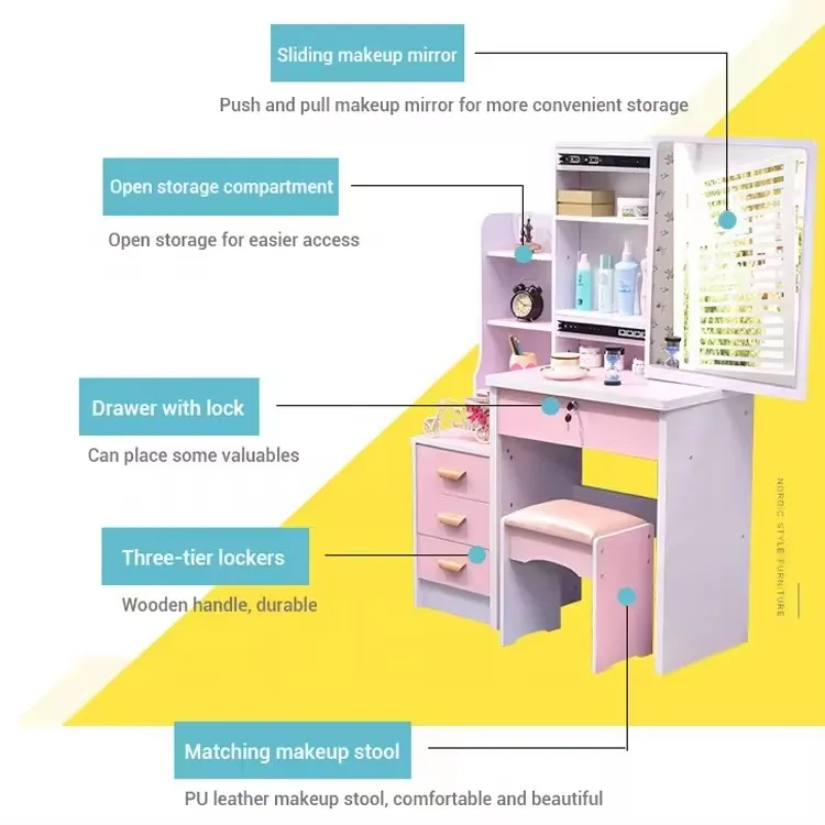 High Quality European and American Light Luxury Minimalist Style Dressing Table With Large Mirror LED Lights Makeup Vanities