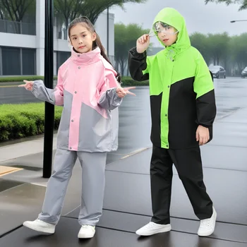 Custom High Reflective Split Raincoat Suit for Kids Waterproof Poncho with Attached Hood for School Outdoor Hiking Rainy Days