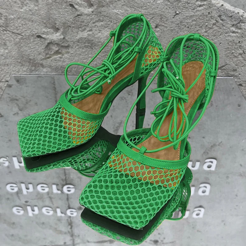Zapatos De Tacón Alto De Malla Calada Para Mujer,Sandalias Femeninas De  Tacón Alto Con Punta Cuadrada,Con Cordones En El Tobillo,Para Vestido De  Fiesta,2021 - Buy 2021 Mujer Bombas,Tacón Alto Tacones Sandalias Mujer ,Bombas