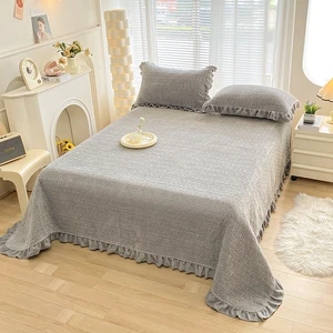 Factory Supply Quilted Soild Coverlet for Bed  with Pillowcase Queen Ruffled Bedspread Set