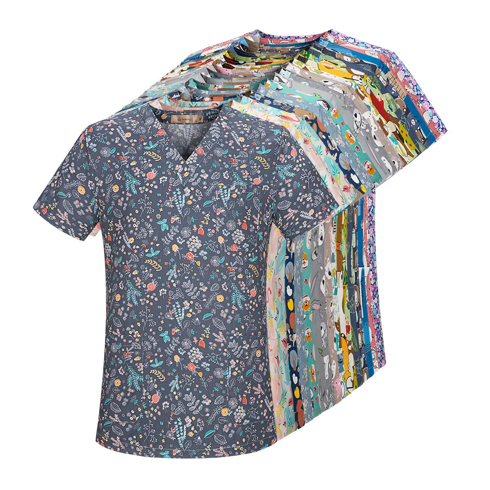 Летняя женская медицинская одежда для больницы стоматологических клиник топы салонов красоты Рабочая Униформа медсестры с мультяшным принтом операционной