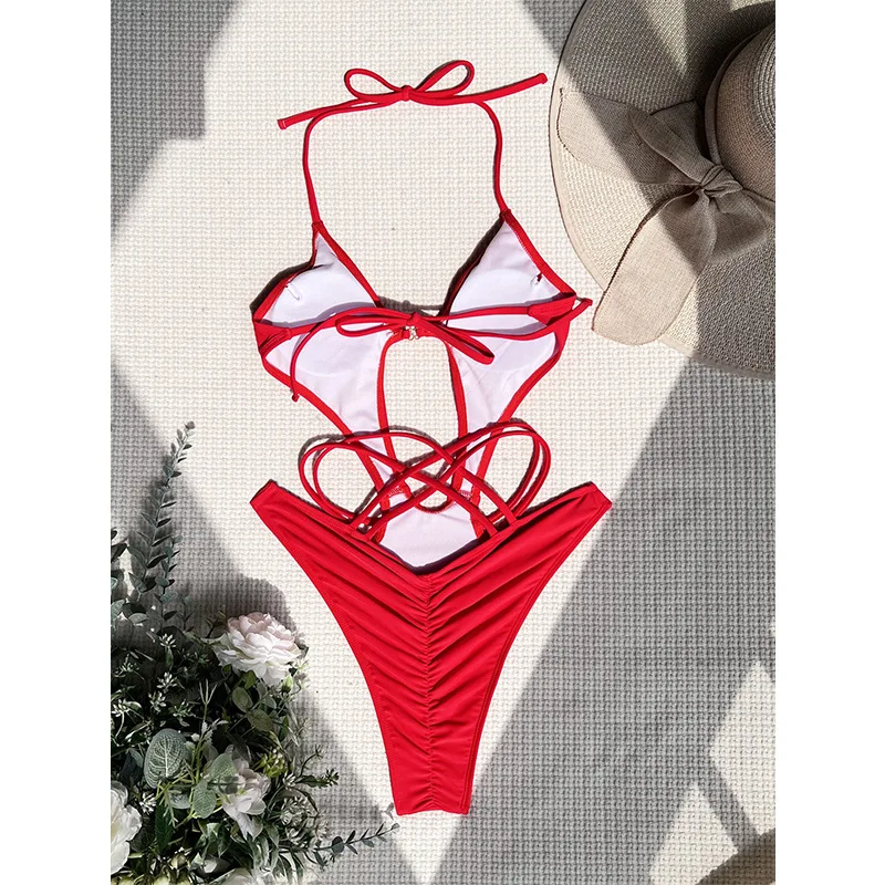 Open Bikini Red Swimsuit One Piece Thong Swimwear For Mature Women ...