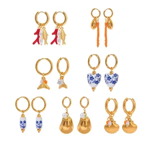 Stylish New 18K PVD Ceramic Pearl Drop Earrings Waterproof Stainless Steel DIY Jewelry with Charm Pendant