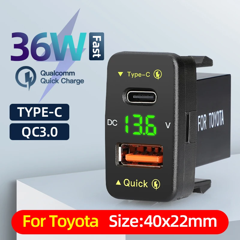 Toyota Rav4 Fast Charger Adapter Type C Usb Port 12V Usb Socket for Toyota 2018 With Voltmeter Display