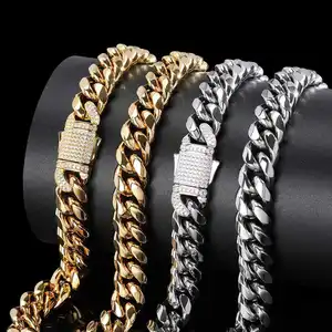 Hot Selling Product Bling Iced Out Zircon Diamond Spring Buckle 10mm Stainless Steel Cuban Link Chain Necklace