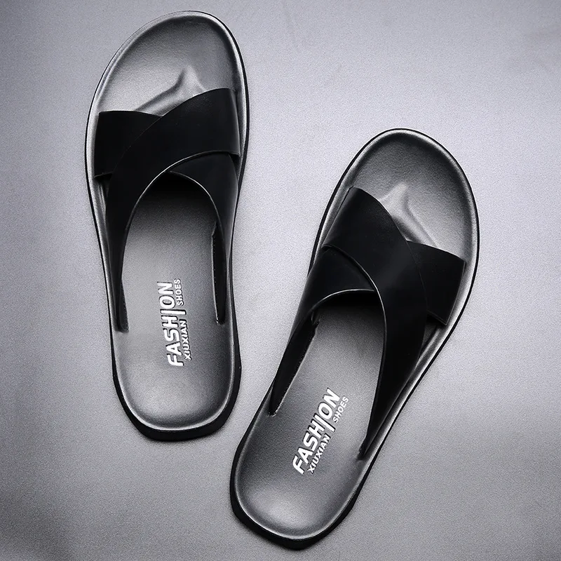 New Styles Men Summer Fashion Genuine Leather Sandals Comfortable Lightweight Cross Strap Slip on Beach Slide Sandals Shoes