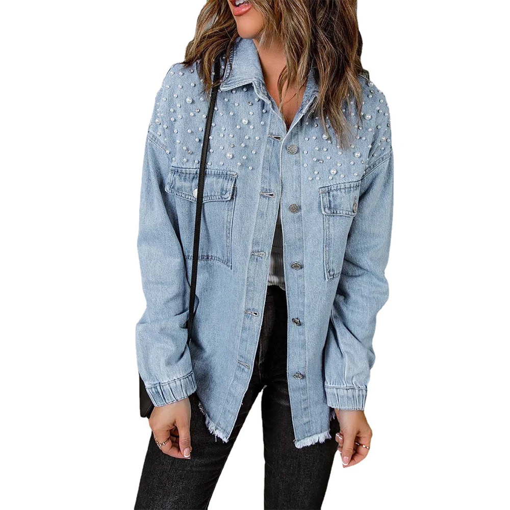 Ladies Denim Jacket Long Sleeve Raw Fringe Pearl Women Jacket Wholesale Large Size Coat