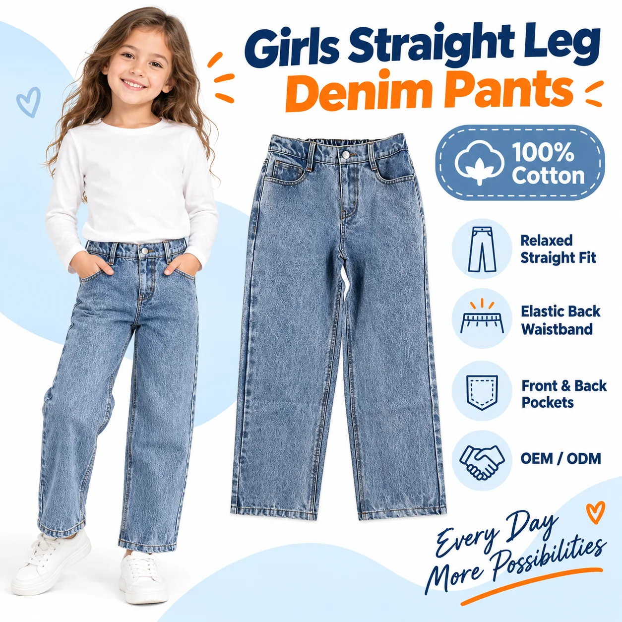 Light Blue Washed Mid Waist Cotton Wide-Leg Jeans Spring Autumn High-Street Design Loose Wide-Leg Drapey Long Pants