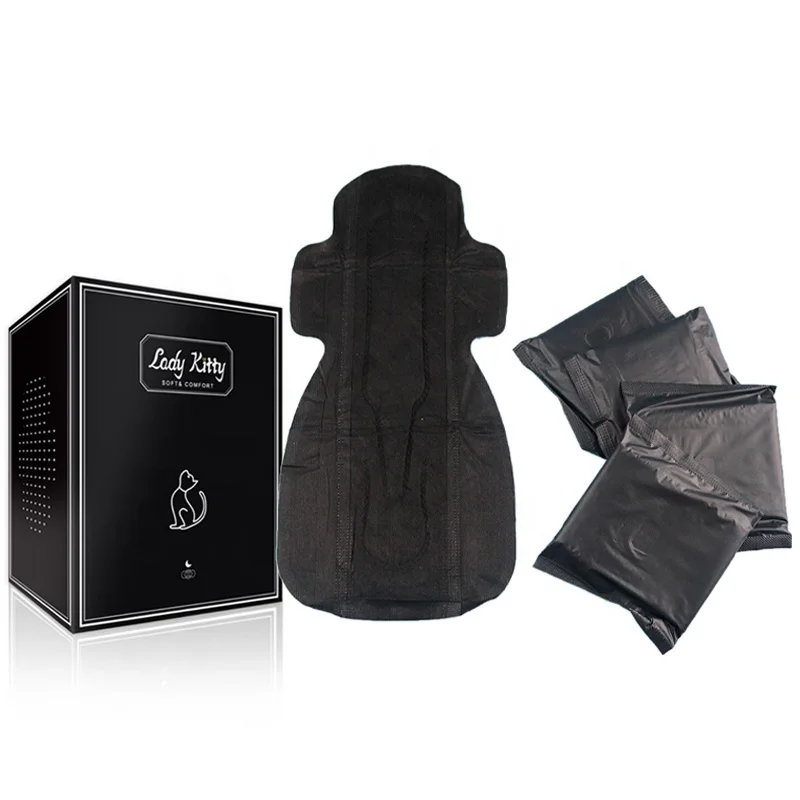 Черные менструальные прокладки Sun Care OEM оптом, волоконная поверхность, японское качество, угольная гигиеническая салфетка