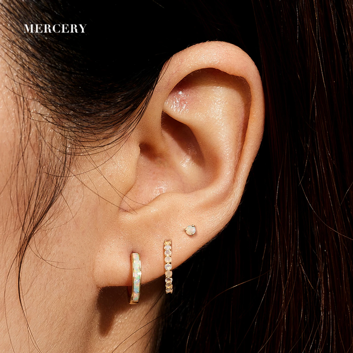 Mercery Fine Jewelry Opal Huggie Earrings 14k Solid Gold Huggie Hoop Earrings Fashion Jewelry