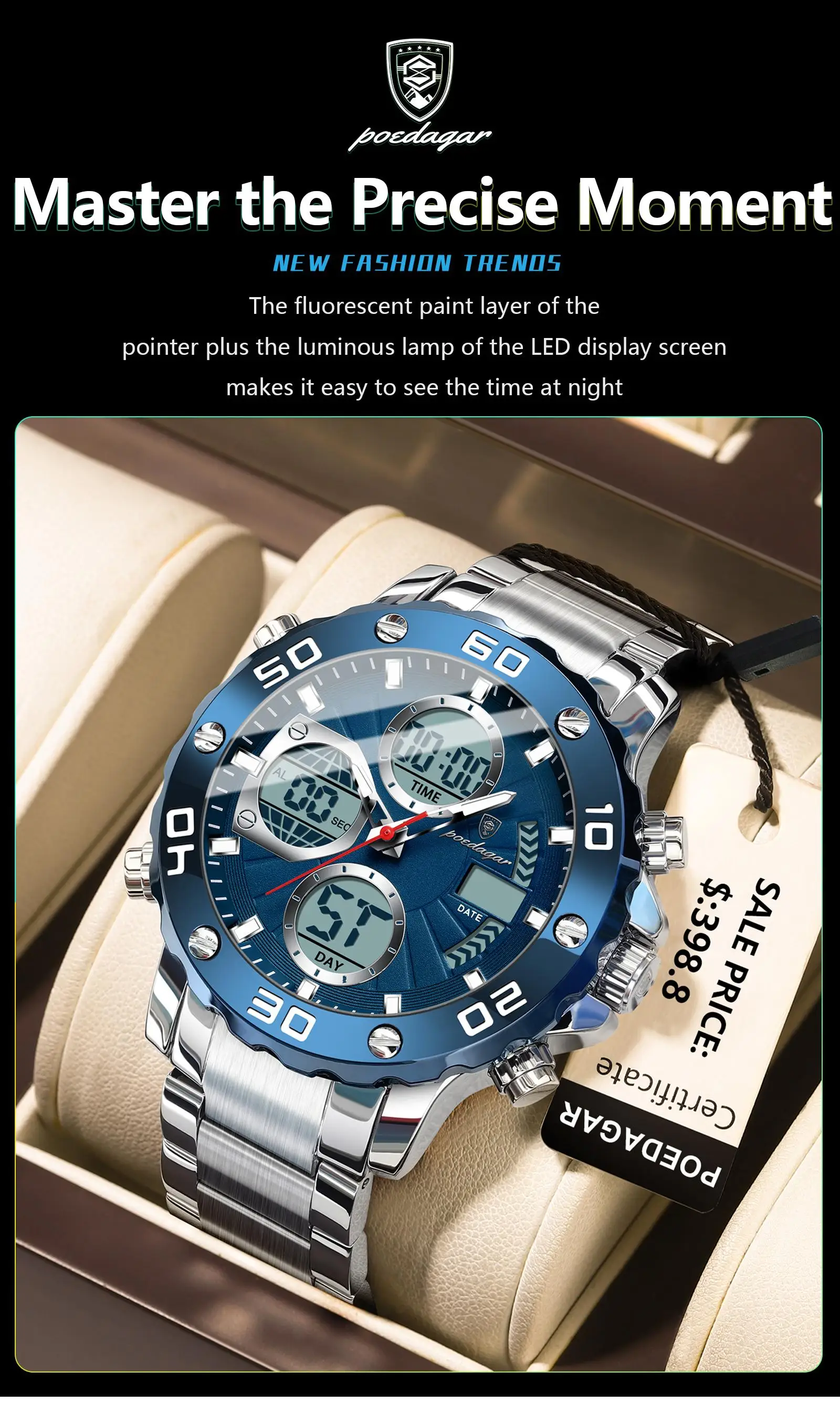 POEDAGAR E102 New Men Fashion Digital Quartz Movement Men Electronic Watches Led Dual  Display Luminous Stainless Watch for Male