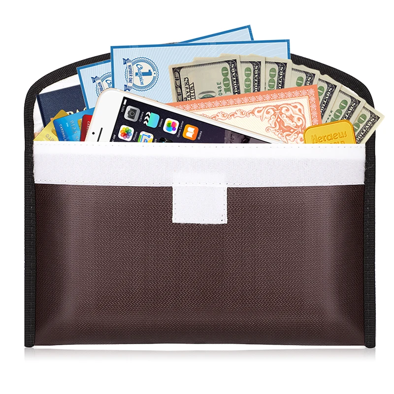 Brown water resistant money bag  storage safe fireproof document envelope bag