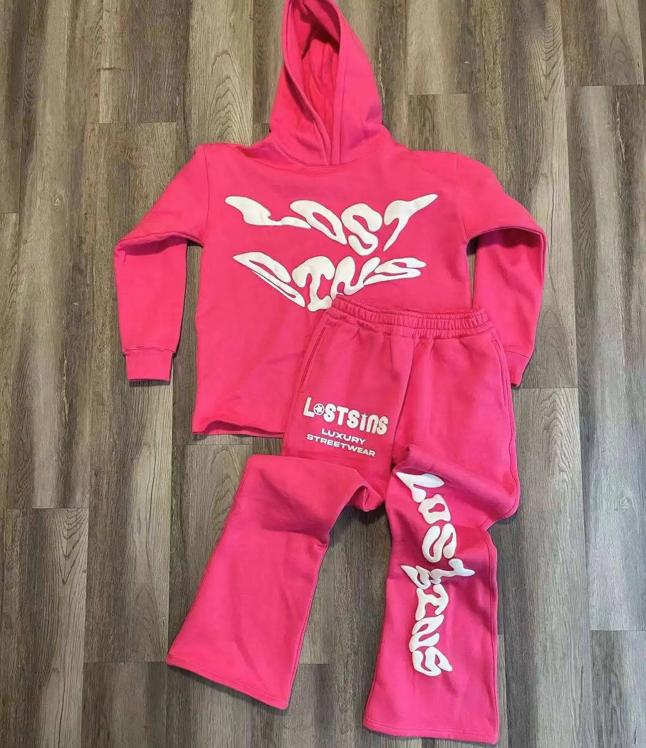 Raw Hem Hoodies And Flared Stacked Sweatpants Two Piece Tracksuit Set