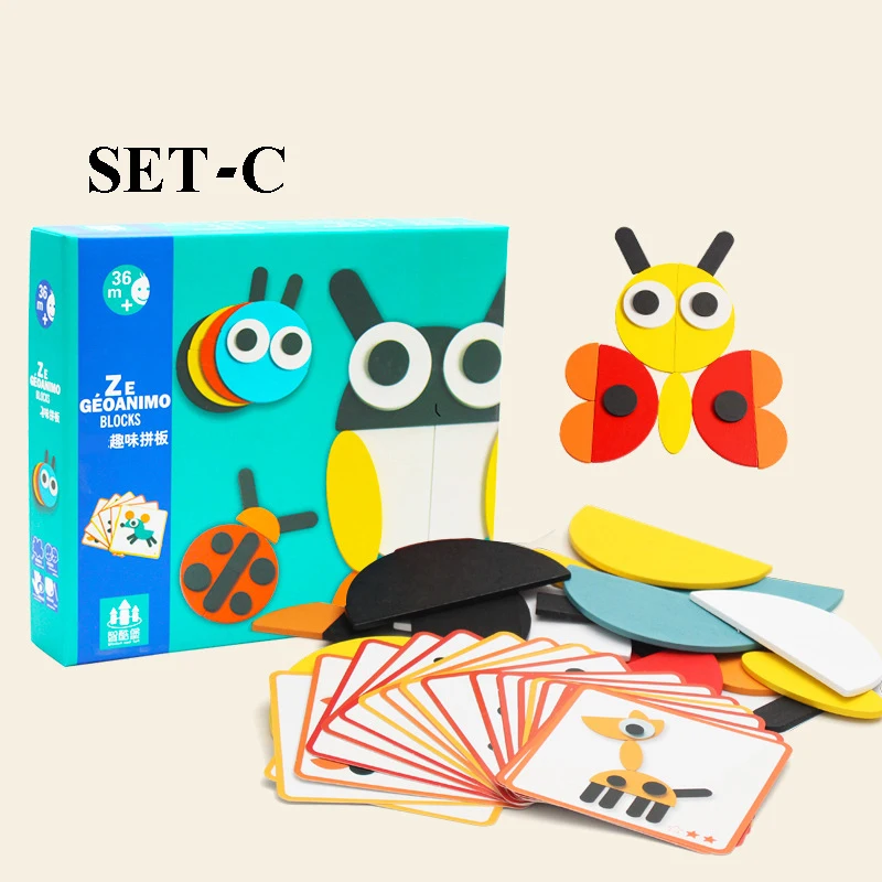 130 PCS Wooden Pattern Blocks Geometric Shape Puzzles Classic Educational Toys Tangrams Set for Kids with 24 Design Cards