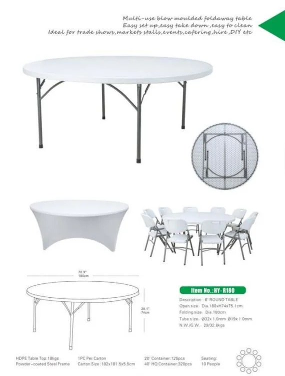 Factory Wholesale Heavy Duty 6ft Round Hdpe Plastic Folding Dining