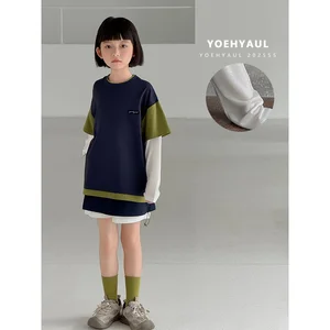 YOEHYAUL CD1359 Big Kids Girls Patchwork Long Sleeve Tee Teen Fake Two Tops Lycell Sleeve Loose Oversized Tee for Kids