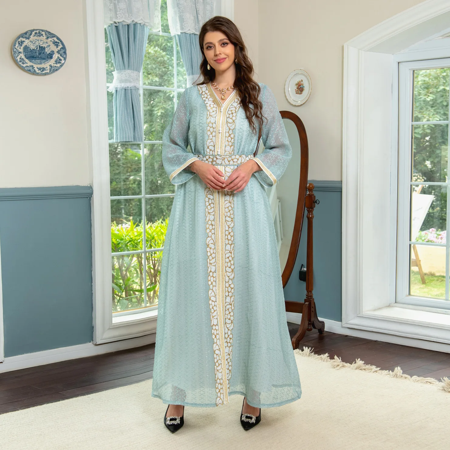 Modern Muslim Woman's Sequins Two Piece Abaya - 8483 Green main image 1