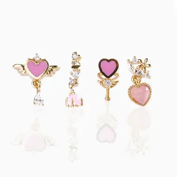 ER0103 2021 trendy korean jewelry rose quartz pink enamel earrings stud dangle heart drop set girls Listen to Your heart earring