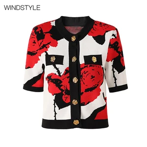OEM Rose Jacquard Short Sleeve Cardigan for Women Crew Neck Top Embroidered Buttons Contrast Knitted Clothes Solid Print