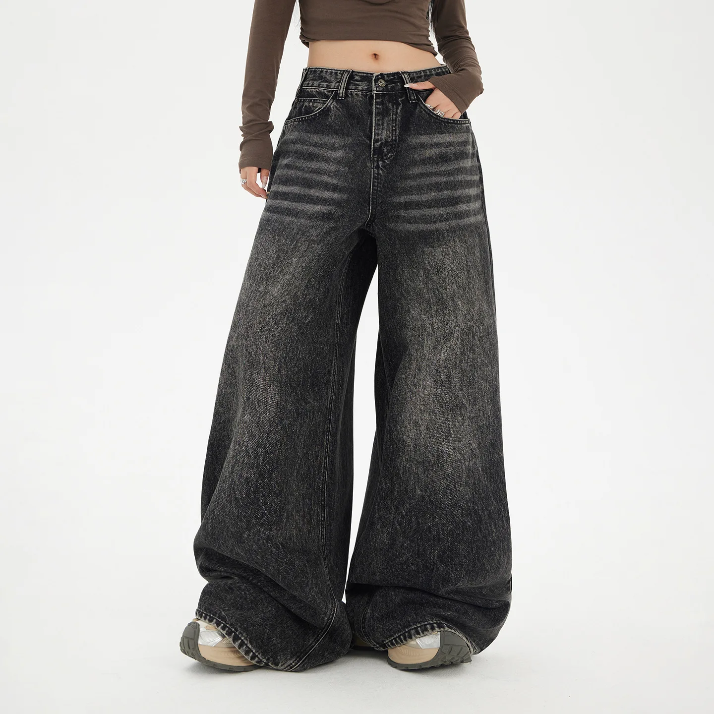 American Style Retro High Waist Loose Wide Leg Dark Denim Quick Dry Floor-length Women's Jeans Autumn Winter New Style