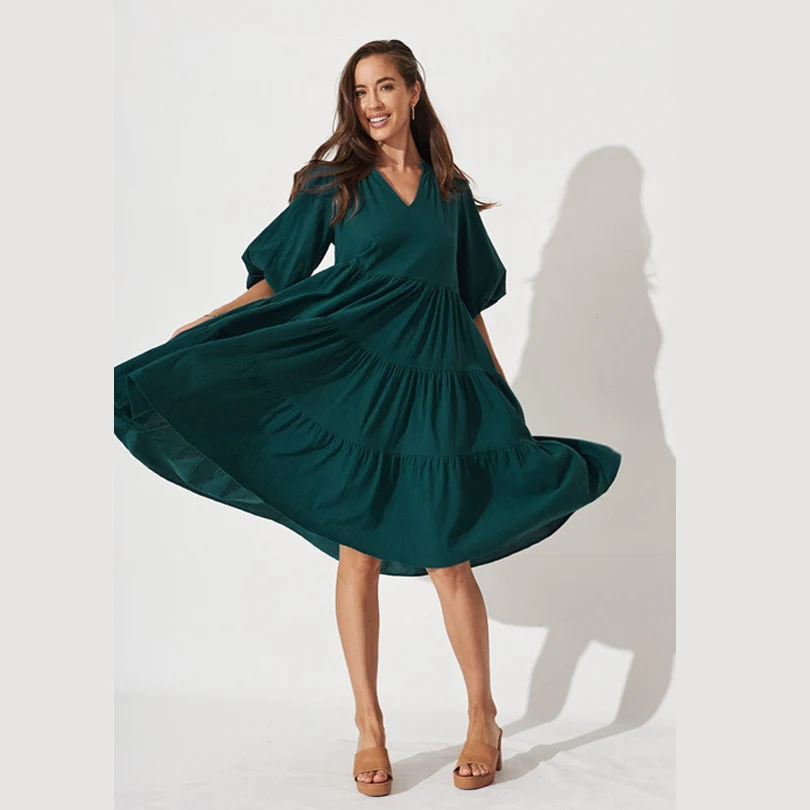 Women Elegant Dress Tiered Emerald Green Midi Dress Solid Color
