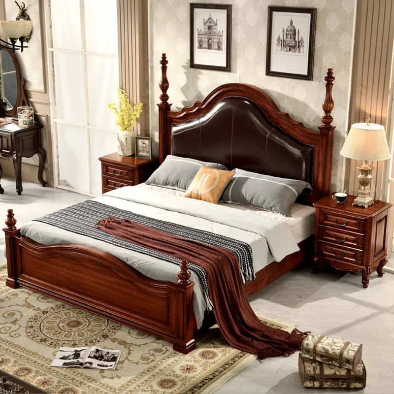 American-style Solid Wood King/queen-size Leather Double Bed with Roman Columns and Upholstered Headboard, Bedroom Furniture.
