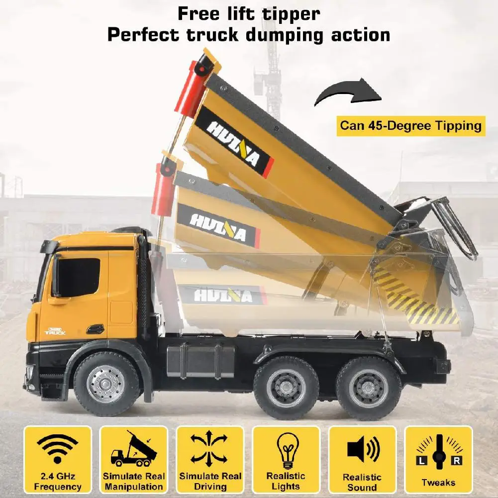 HUINA 1573 1/14 10CH RC Dumping Truck 2.4GHz Toys Remote Control Dump Self-Discharging Engineering Truck LED Light RC Truck Toy
