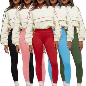 Viviblook Z1226ST03 Women's Suit Color Blocking Drawstring Waistband Crop Top Yoga Pants Sports Two Piece Casual Set