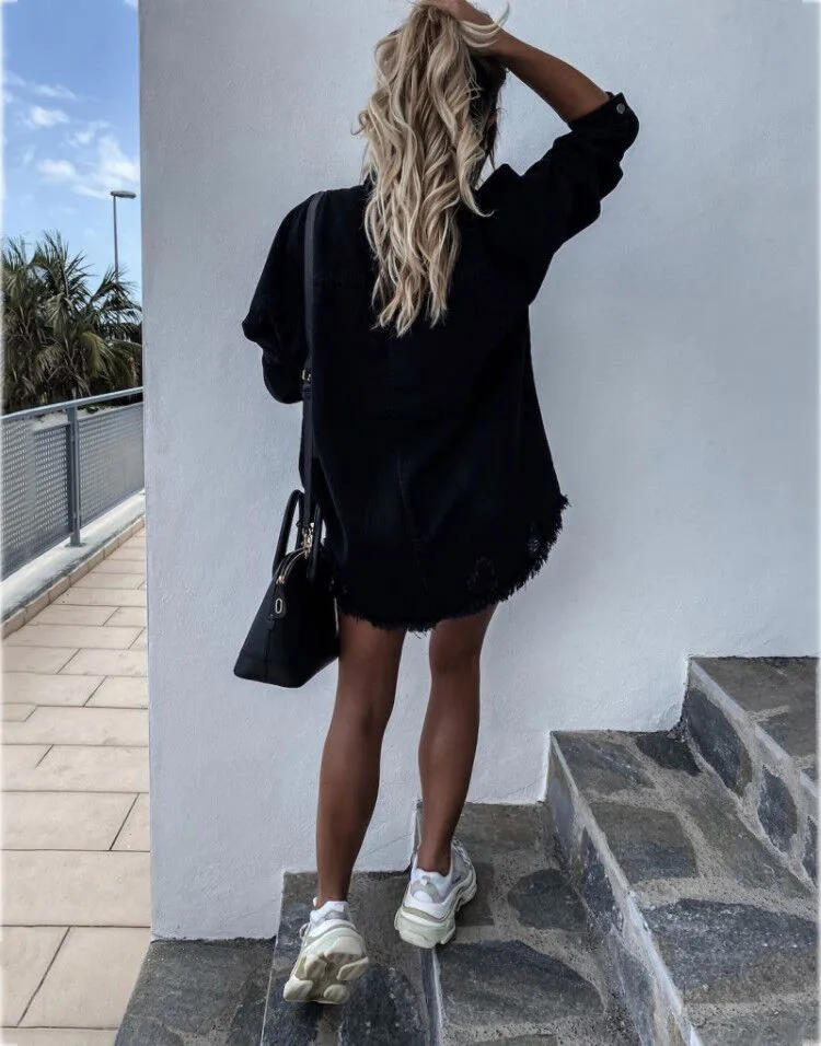 Jachetă-veșmânt vintage din jean pentru femei, cu rupturi decorative, butoni, umplutură din bumbac, transpirabilă, cu model unicolor