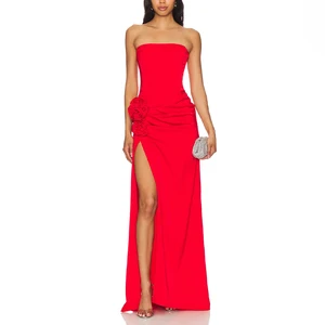 ZYHT 73297 Fashion Floral Women Red Evening Gown Sexy Strapless Ladies Dinner Long Dresses for Women Party Wedding Guest Dresses