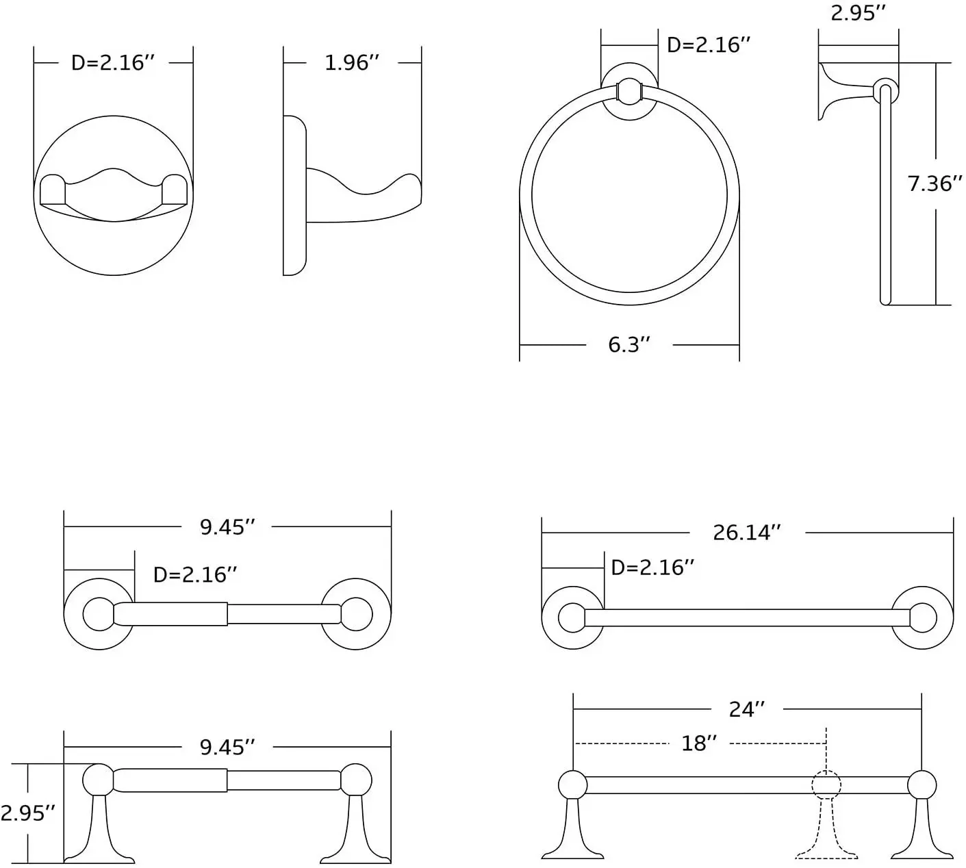 Wall Mounted Black Bath Hardware Set For Shower Room Stainless Steel 4pcs Hotel Ceramic Bathroom