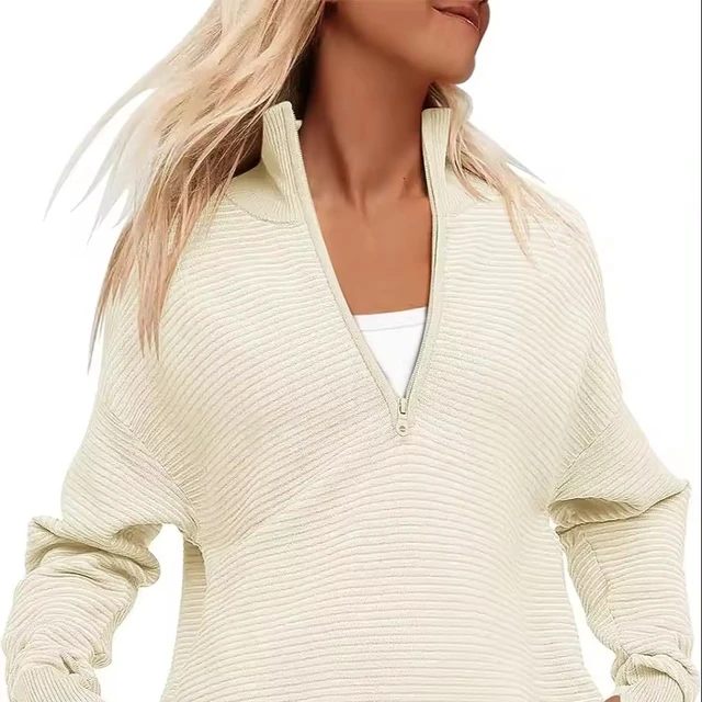 Long Sleeve V-Neck Sweater Casual Knitted Polyester with Ruched and Ruffled Decoration Zipper Closure for Spring