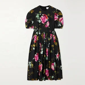 Clothing Manufacturer Custom Spring Autumn Black Crew Collar Short Sleeve Floral Print Gathered Voile Women Midi Dress