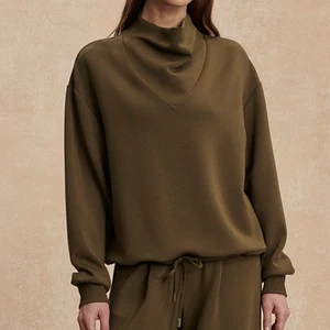 Wisrise Fashion Women's Casual Simplicity Olive Cowl Neck Oversized Dropped Shoulders Drawstring Hem Pullover Top